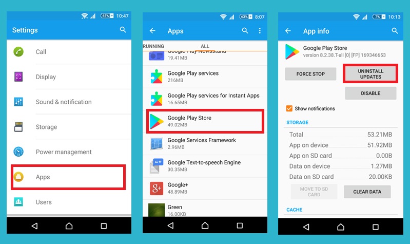 Uninstall Google play store updates to fix Google Play store error 403